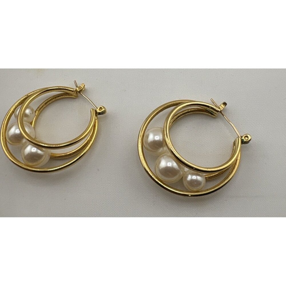 Vintage gold-tone hoop earrings with faux pearl beads -pierced